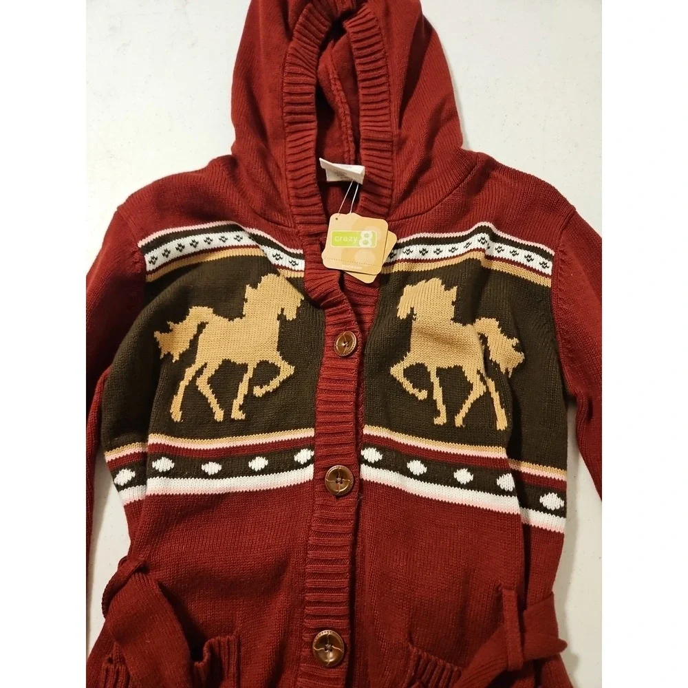 Men's Hooded Button-Front Sweater with Horse Motif — Red - Picture 6 of 6